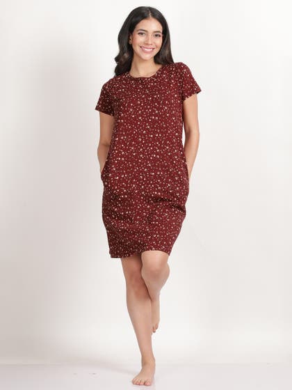 Shyaway Cabernet Red Dainty Floral Printed Casual Sleep Tee