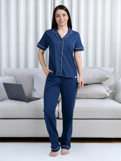 Shyaway Navy Peony Contrast Piping Pyjama Set