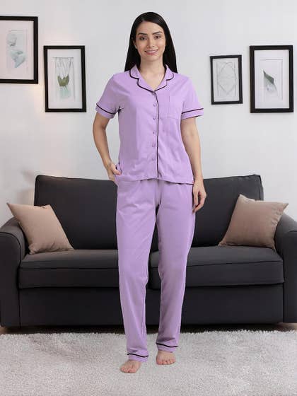 Shyaway Pastel Lilac Contrast Piping Pyjama Set