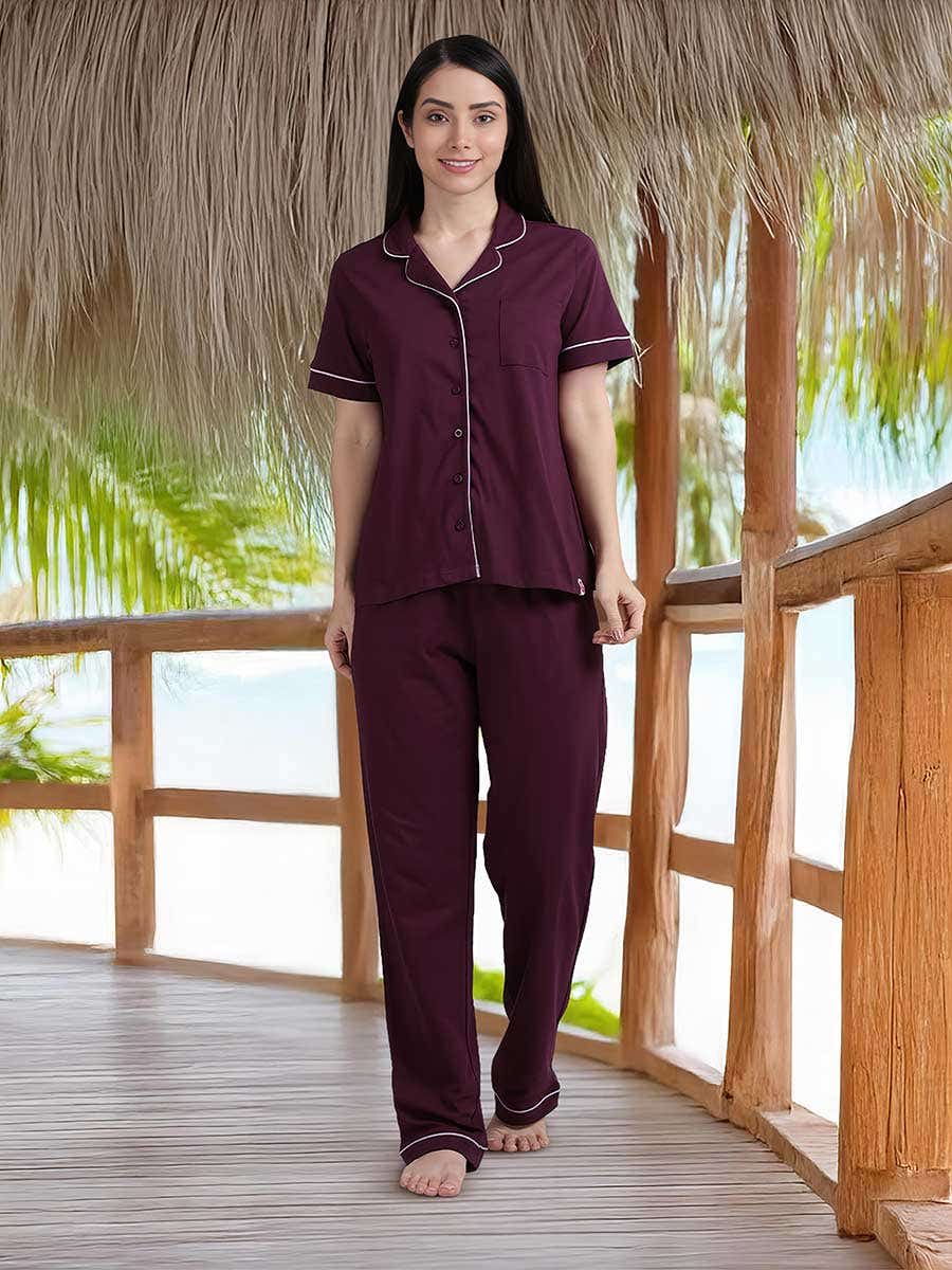 Shyaway Pickled Beet Contrast Piping Pyjama Set