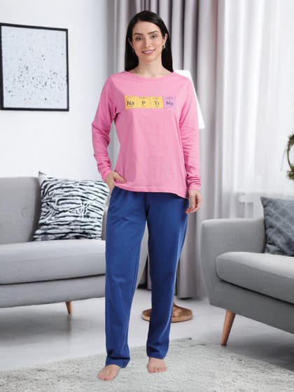 Shyaway Plumeria Pink Full Sleeve Pyjama Set