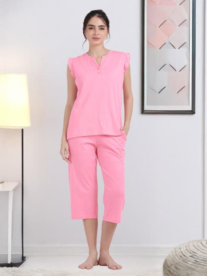 Shyaway Plumeria Pink Ruffled Sleeve Capri Set