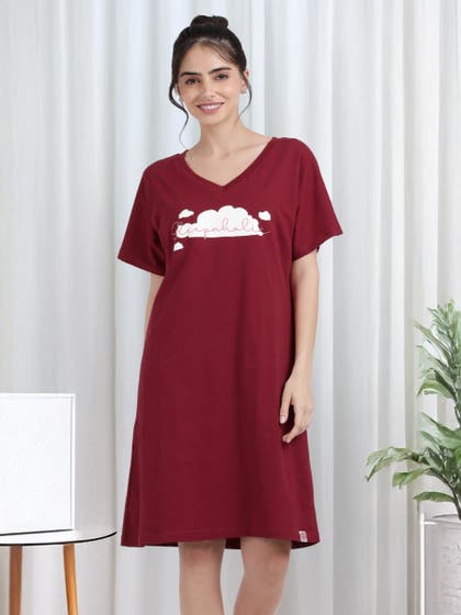 Shyaway Rhythmic Red Embroidered Cozy Sleep Tee