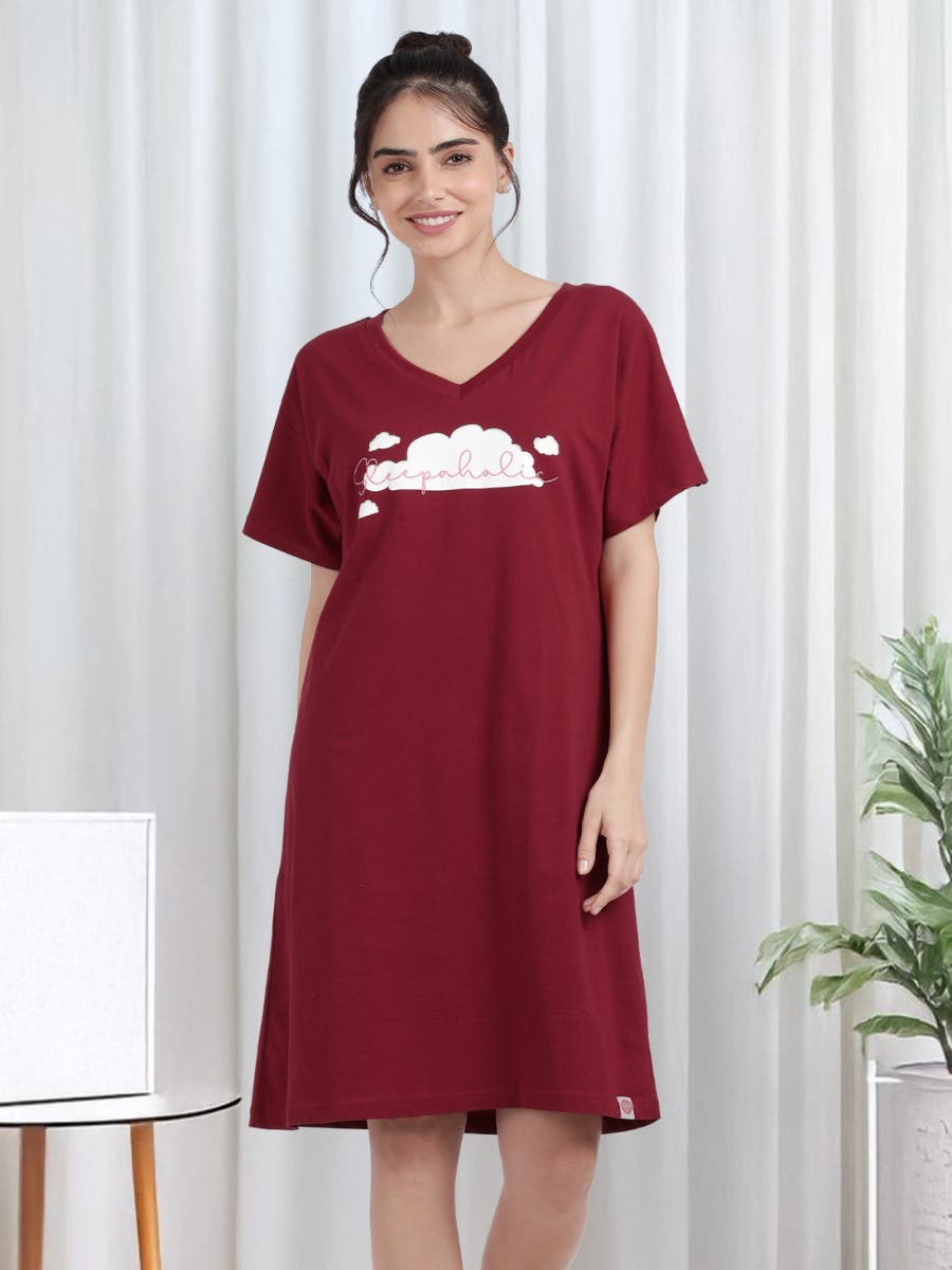 Shyaway Rhythmic Red Embroidered Cozy Sleep Tee