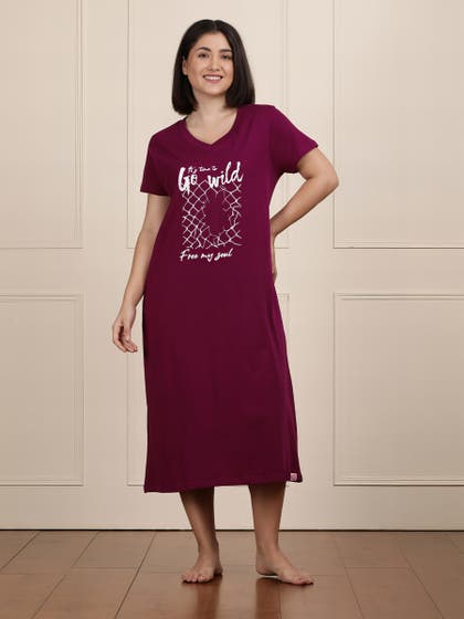 Shyaway Beet Red V Neck Printed Sleep Tee