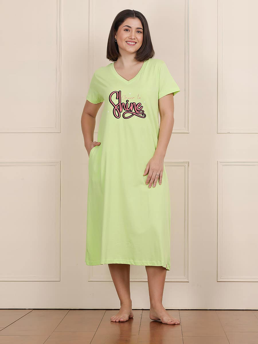 Shyaway Lime Sherbet V Neck Printed Sleep Tee