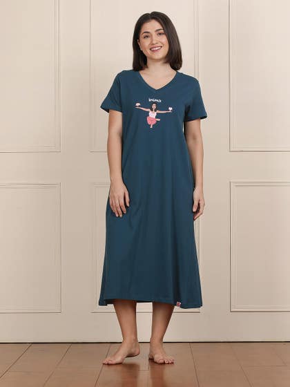 Shyaway Majolica Blue V Neck Printed Sleep Tee