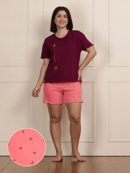Shyaway Beet Red Decorative Hem Cozy Pyjama Shorts Set