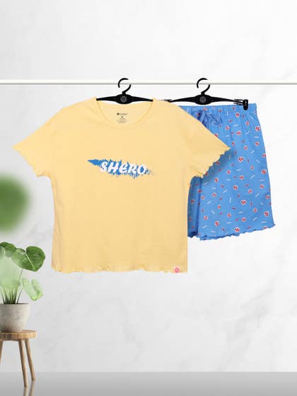 Shyaway Golden Blue Decorative Hem Cozy Pyjama Shorts Set