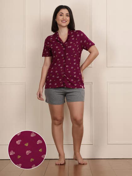 Shyaway Beet Red Collared Pyjama Shorts Set