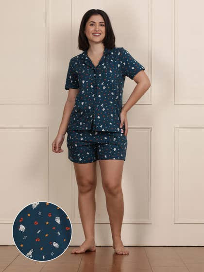 Shyaway Majolica Blue Collared Pyjama Shorts Set