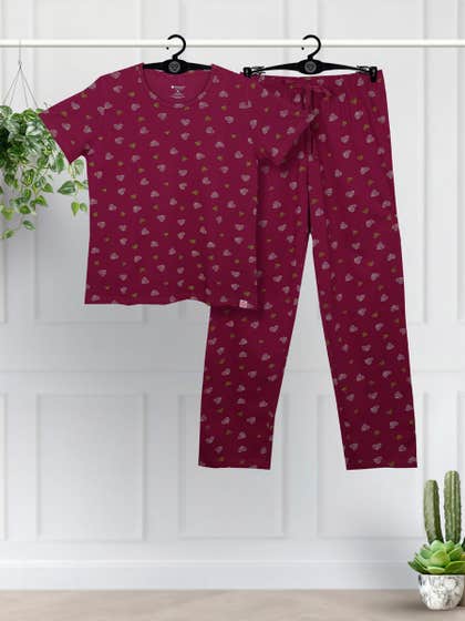 Shyaway Beet Red All Over Printed Pyjama Set