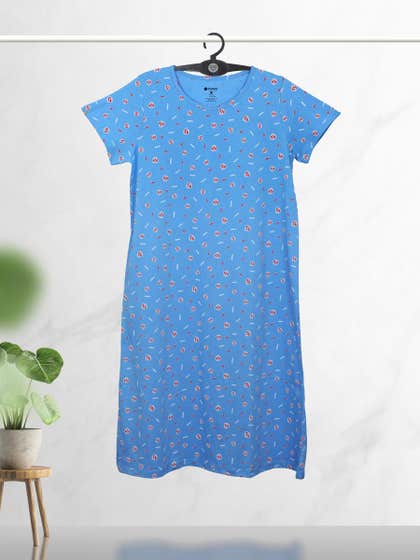 Shyaway Blue Pink All Over Printed Cozy Sleep Tee