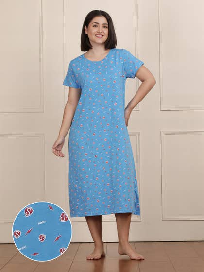 Shyaway Blue Pink All Over Printed Cozy Sleep Tee