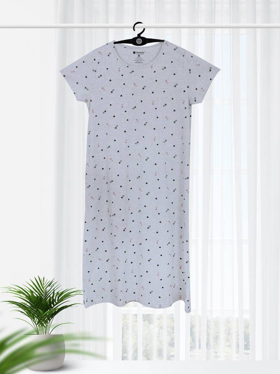 Shyaway Grey Melange All Over Printed Cozy Sleep Tee