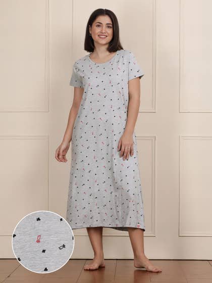 Shyaway Grey Melange All Over Printed Cozy Sleep Tee