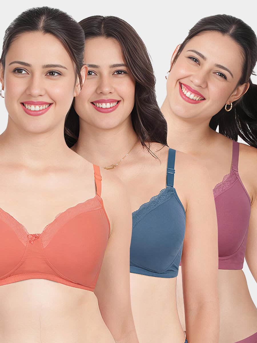 Susie Multicolor Elegant Lace Neckline Padded Non Wired Bra Combo
