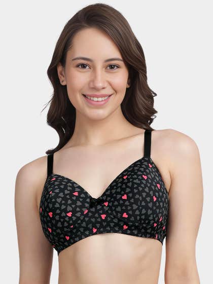 Taabu Black Pink Heart Print Padded Wirefree T-Shirt Bra