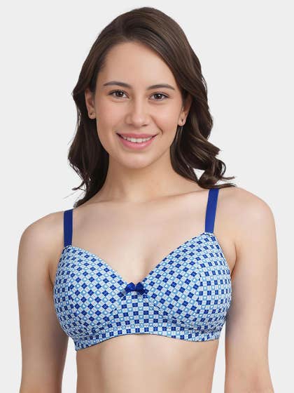 Taabu Blue Checkered Heart Print Padded Wirefree T-Shirt Bra