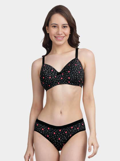 Taabu Black Pink Heart Printed Lingerie Set
