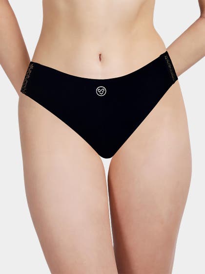 Susie Black Beauty Solid Seamless Thong Decorative Lace Panty
