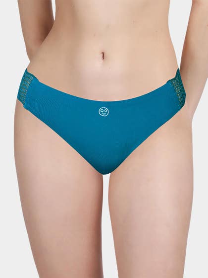 Susie Caribbean Blue Solid Seamless Thong Decorative Lace Panty