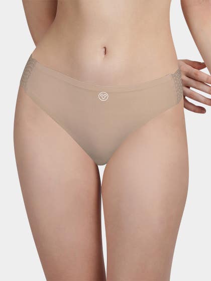Susie Sand Skin Solid Seamless Thong Decorative Lace Panty
