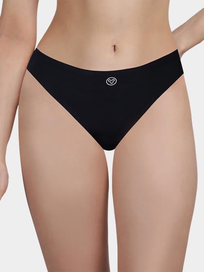 Susie Black Beauty Solid Seamless Decorative Back Thong Panty