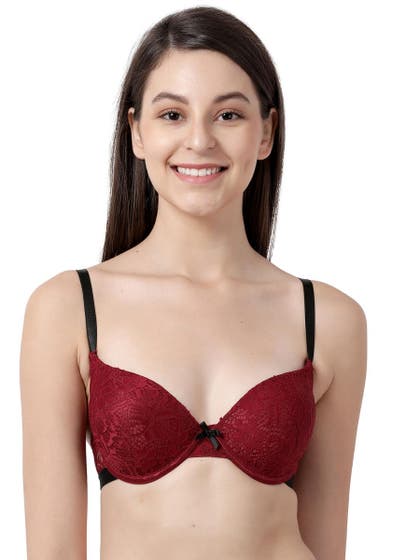 Susie Maroon Lace Black Strap Padded Underwire Plunge Bra