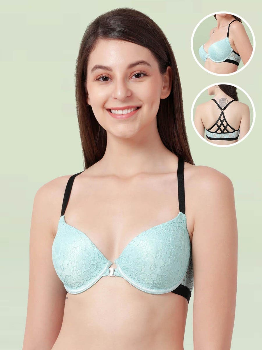 Women Lace Raceback Brassiere Brief Underwear Set,Front Closure