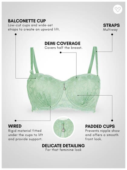 Susie Mint Green Full Lace Sexy Padded Wired Balconette Bra