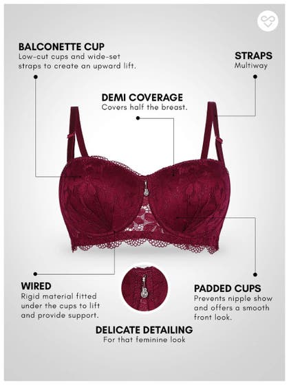 Susie Wine Red Full Lace Sexy Padded Wired Balconette Bra