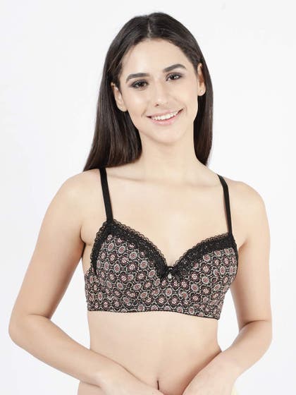 Susie Black Beauty Printed Lace Neckline Padded Wired Bra