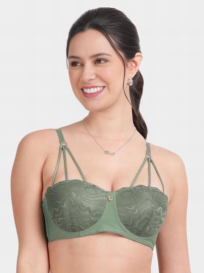 Susie Olive Green Lace Decorative Front Strap Padded Wired Balconette Bra
