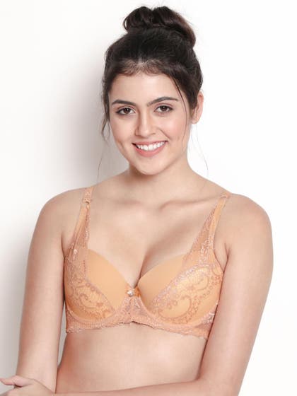Susie Buff Skin Padded Wired Lace Strap Designer Plunge Bra