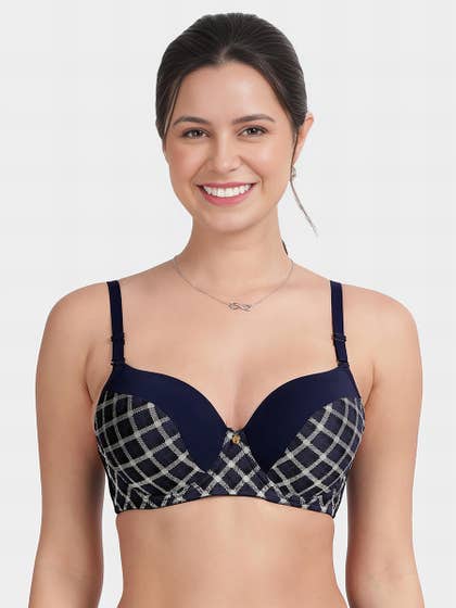 Susie Navy Blue Checked Half Lace Padded Wired Bra