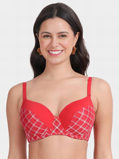 Susie Racing Red Checked Half Lace Padded Wired Bra