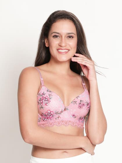 Susie Ballet Pink Floral Printed Padded Wired Bottom Lace Bra