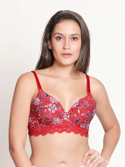 Susie Fiery Red Floral Printed Padded Wired Bottom Lace Bra