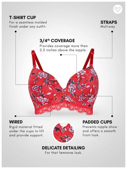 Susie Fiery Red Floral Printed Padded Wired Bottom Lace Bra