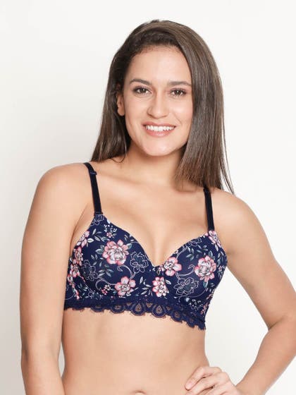 Susie Surf Blue Floral Printed Padded Wired Bottom Lace Bra