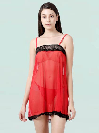 Shyle Red Black Mesh Babydoll With Mesh Decorated Neckline
