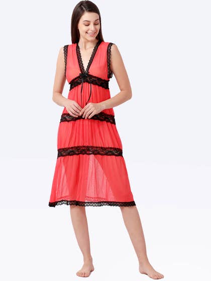 Shyle Coral Red Mesh Deep V-Neckline Babydoll