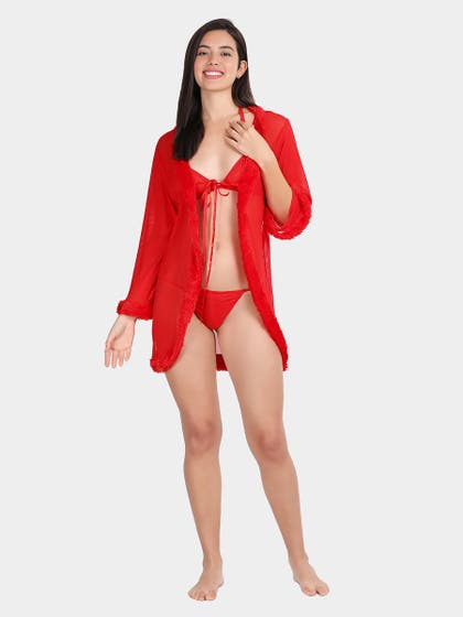Shyle Fiery Red 3/4th Fur With Mesh Robe Babydoll