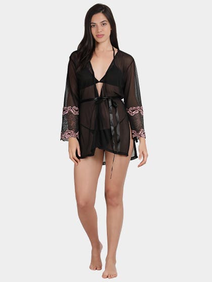 Shyle Black Pink Lace With Contrast Glitter Mesh Sleeve Babydoll