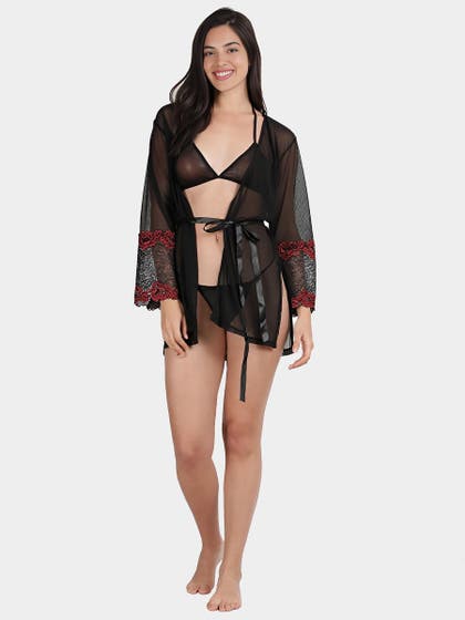 Shyle Black Red Lace With Contrast Glitter Mesh Sleeve Babydoll
