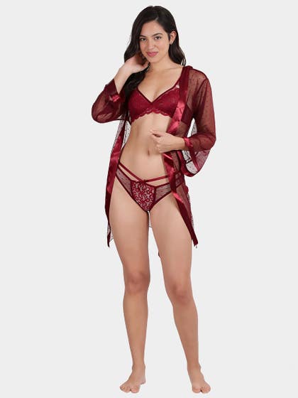 Shyle Cabernet Red Full Sleeve Hooded Babydoll