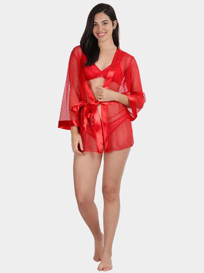 Shyle Fiery Red Full Sleeve Hooded Babydoll
