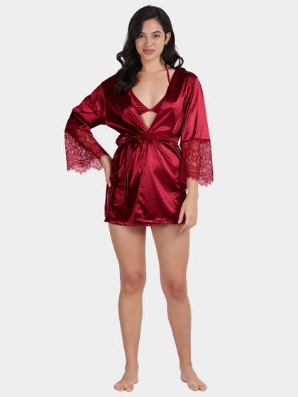 Shyle Cabernet Red Sleeve With Mesh Robe Babydoll