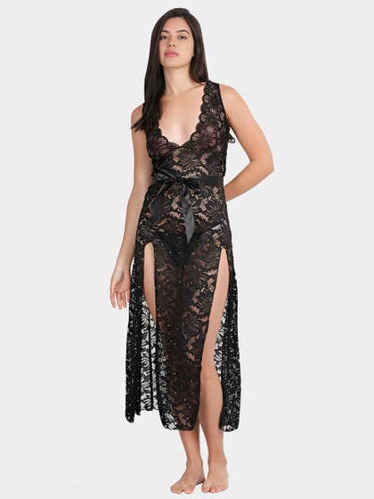 Shyle Black Beauty Deep Plunge Neck Lace Babydoll With High Slits